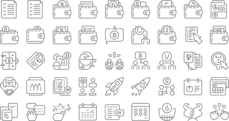 A collection of various line art icons related to finance and business themes