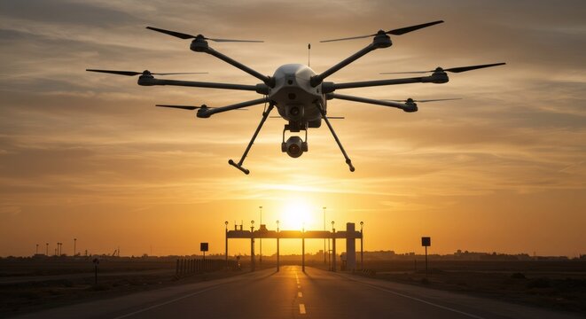 UAV in sky over road tunnel at sunset. Drone for intelligence collection, surveillance, reconnaissance. Drone for emergency situation.