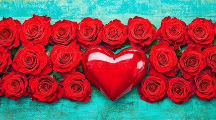 Romantic Red Roses and Heart Arrangement on Turquoise Wood