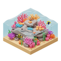 Isometric reef ecosystem with corals and fish
