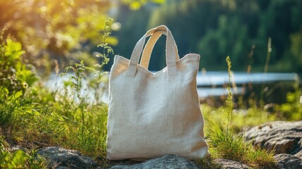 A white bag is sitting on the grass next to a body of water