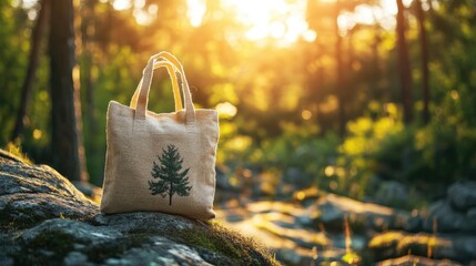 A bag with a tree on it is sitting on a rock