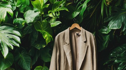 A brown jacket hanging on a hanger in a green leafy area
