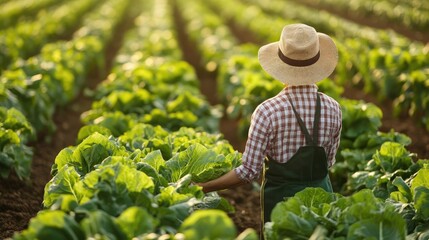 A man in a hat and overalls is standing in a field of lettuce