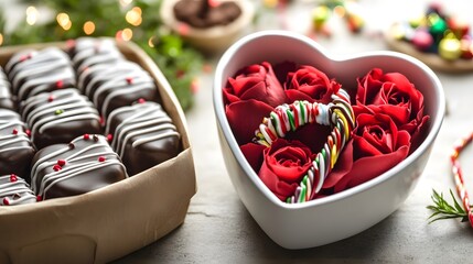 Delicious Chocolate Truffles and Red Roses in Heart-Shaped Bowl