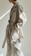 A woman is wearing a long coat with a belt