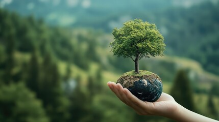 A hand holding a tree in a globe