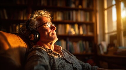Senior Man Listening Headphones Relaxing Home Sunset Light Lifestyle