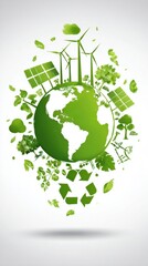 An abstract representation of the Earth surrounded by symbols of green energysolar panels wind turbines and recycling iconshighlighting the global journey towards achieving a sustainable