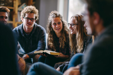 Adult Young Adults Discussing Open Bible in Engaging Study Group