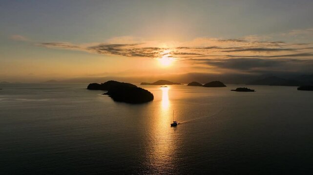 Aerial view of tropical islands at sunrise, Brazil.