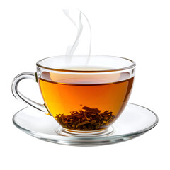 A steaming cup of tea in a transparent glass cup and saucer. A perfect morning or afternoon delight.