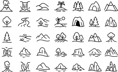 Collection of diverse landscape icons featuring volcanoes waterfalls mountains islands palm trees forests caves rivers and rolling hills in a simple outline style
