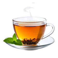 A hot cup of tea with mint leaves on a saucer, steam rising elegantly from the brewed beverage. The cup is transparent, and the mint leaves add a fresh, aromatic touch