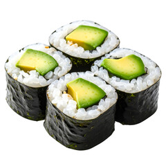 Close-up shot of four pieces of delicious sushi with avocado in a circular arrangement. The sushi has a fresh and appealing look.