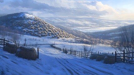 Winter Landscape Haystacks Hillside Snowy Village Farm
