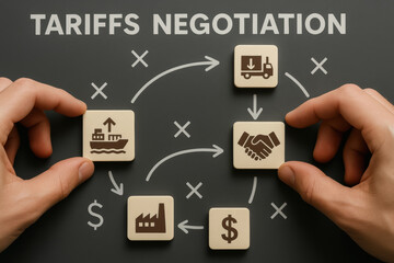 Tariffs negotiation concept with hands arranging wooden blocks representing shipping, handshake, factory, and money symbols in strategic flow