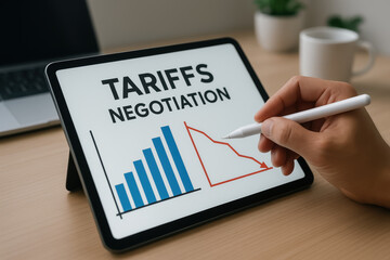 Tariffs negotiation concept on digital tablet with hand holding stylus pen analyzing business chart for economic strategy and trade policy