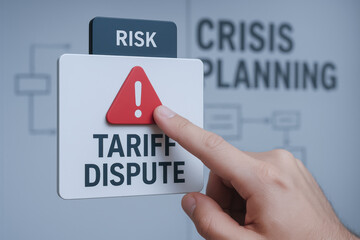 Tariffs negotiation risk dispute concept with hand pressing alert button and crisis planning background for business strategy and management