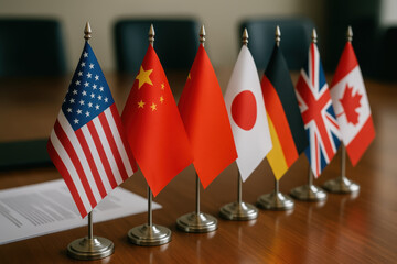 International trade flags on wooden table representing global cooperation and diplomacy in formal meeting setting
