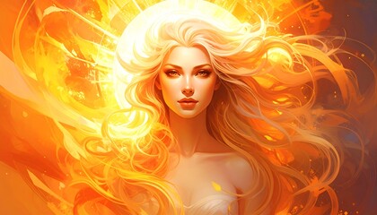 Radiant beauty illuminates in a golden fantasy, showcasing flowing blonde hair and a luminous, ethereal aesthetic.