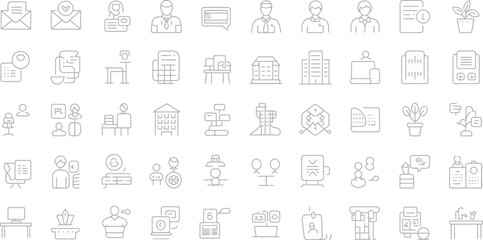 A collection of office and business related line art icons arranged in a grid pattern