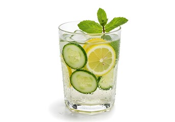 A glass tumbler filled with thin cucumber rounds and lemon wheels in chilled water, mint sprigs on top, droplets on the glass, bright white background.