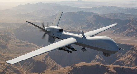 Military reconnaissance drone aircraft flying above the desert landscape, for surveillance and tactical operations.