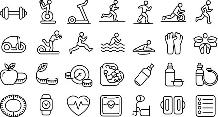 Line art icons illustrating various fitness and health related activities and items