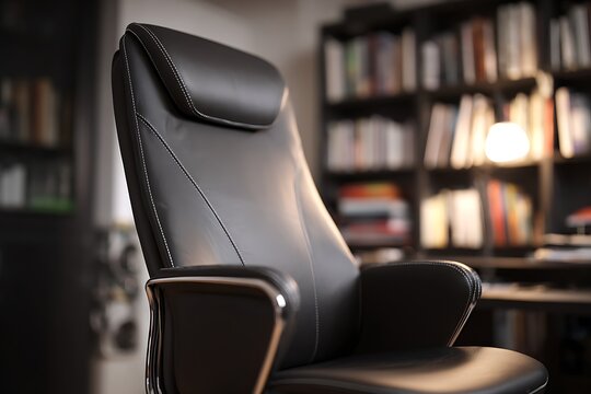 A luxurious black leather office chair with a bookshelf in the blurred background in a workspace