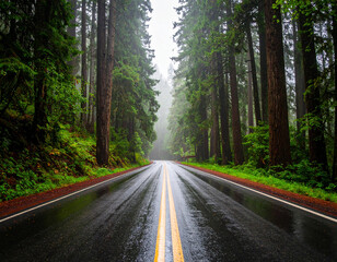 Fototapeta premium Rain-slicked road through towering redwood trees, leading into misty distance