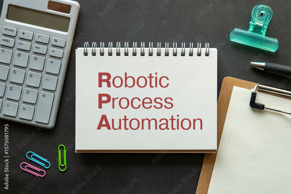 Poster there is notebook with the word robotic process automation. it is as an eye-catching image.