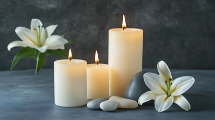 Serene Spa Still Life: White Lilies, Burning Candles, and Smooth Stones