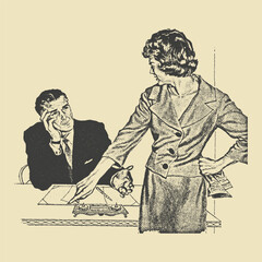  A vintage illustration of a businesswoman assertively talking to a businessman at a desk, capturing a retro work dynamic in a mid-century style.
