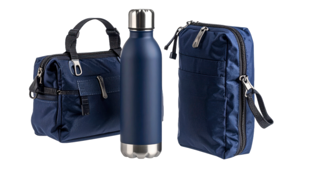 Dark Blue Accessories Set Bottle Bag and Case with Detailed Pattern and Metallic Accents against Isolated Transparent Background