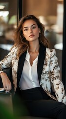 A woman is sitting in a chair wearing a white shirt and black pants