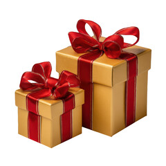 Obraz premium Two gold gift boxes with red ribbons and bows are isolated on transparent background