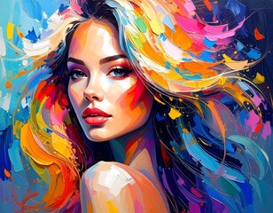 A vibrant portrait of a beautiful woman with colorful hair showcasing modern abstract art.