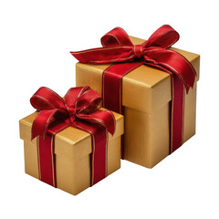Obraz premium Two gold gift boxes with red ribbons and bows are isolated on transparent background