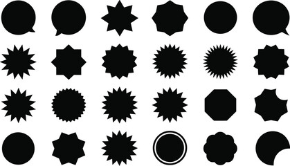 A set of black vector shapes including stars circles and speech bubbles on white