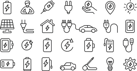 A collection of line art icons representing energy, charging, and related concepts