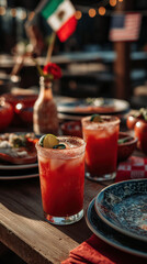 vibrant outdoor American fiesta weekend celebration with rustic wooden table, frosty Micheladas in tall glasses rimmed with Tajín, lime and chili. American flags in background
