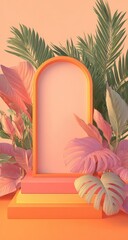Pastel podium, tropical foliage, display, product presentation