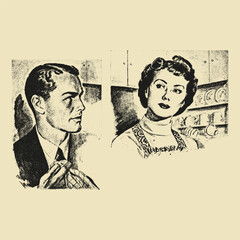 A retro-styled engraving of a man and woman looking at each other, appearing to be in a domestic or relationship conversation.