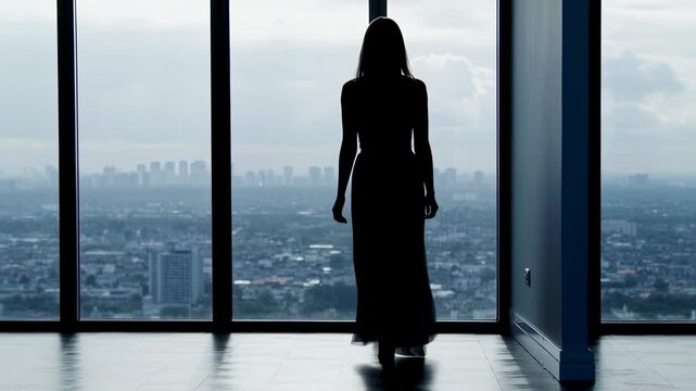 Silhouette of a woman looking out over the cityscape from a high-rise apartment