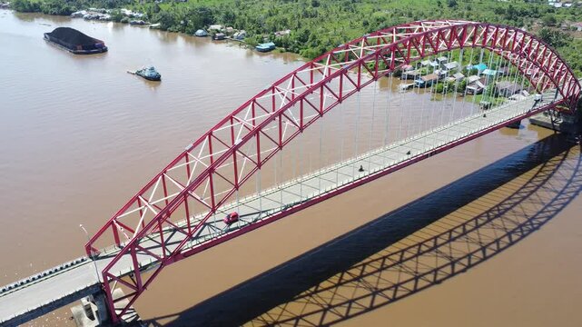 View from the top of the Rumpiang Bridge, located in South Kalimantan, Indonesia, as a link across the very wide Barito River