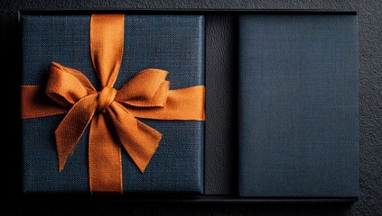 Dark gift box, top view, black surface, presentation