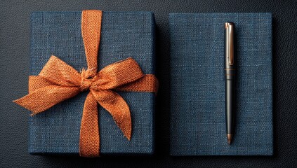 Gift box, pen, notebook, dark background, business, present, gift