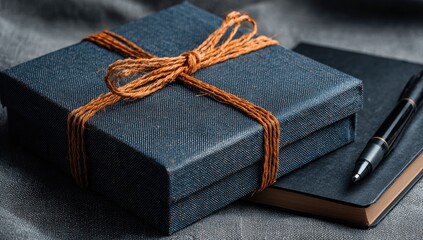 Gift box, notebook, pen, gray fabric background.  Gift giving