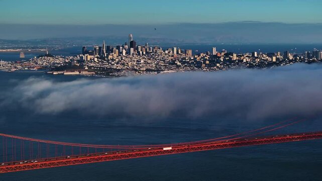 Aerial view of golden gate bridge and fog, United States.